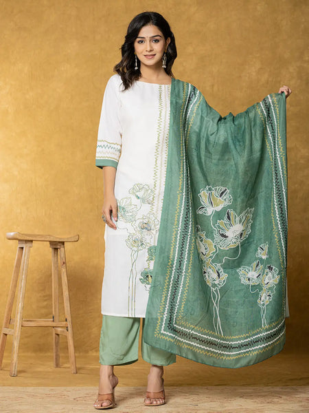Yufta White And Green Linen Kurta Dupatta Pant Set