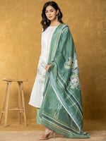 Thumbnail for Yufta White And Green Linen Kurta Dupatta Pant Set