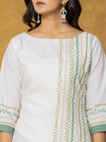 Thumbnail for Yufta White And Green Linen Kurta Dupatta Pant Set