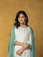 Thumbnail for Yufta White And Green Linen Kurta Dupatta Pant Set