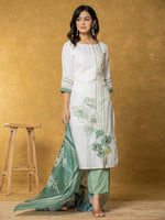 Thumbnail for Yufta White And Green Linen Kurta Dupatta Pant Set