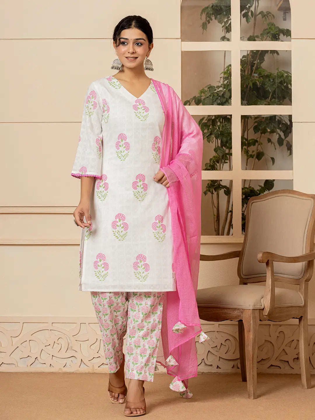 Yufta White And Pink Cotton Floral Print Kurta Dupatta Set - Distacart