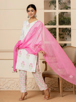 Thumbnail for Yufta White And Pink Cotton Floral Print Kurta Dupatta Set - Distacart