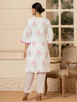 Thumbnail for Yufta White And Pink Cotton Floral Print Kurta Dupatta Set - Distacart
