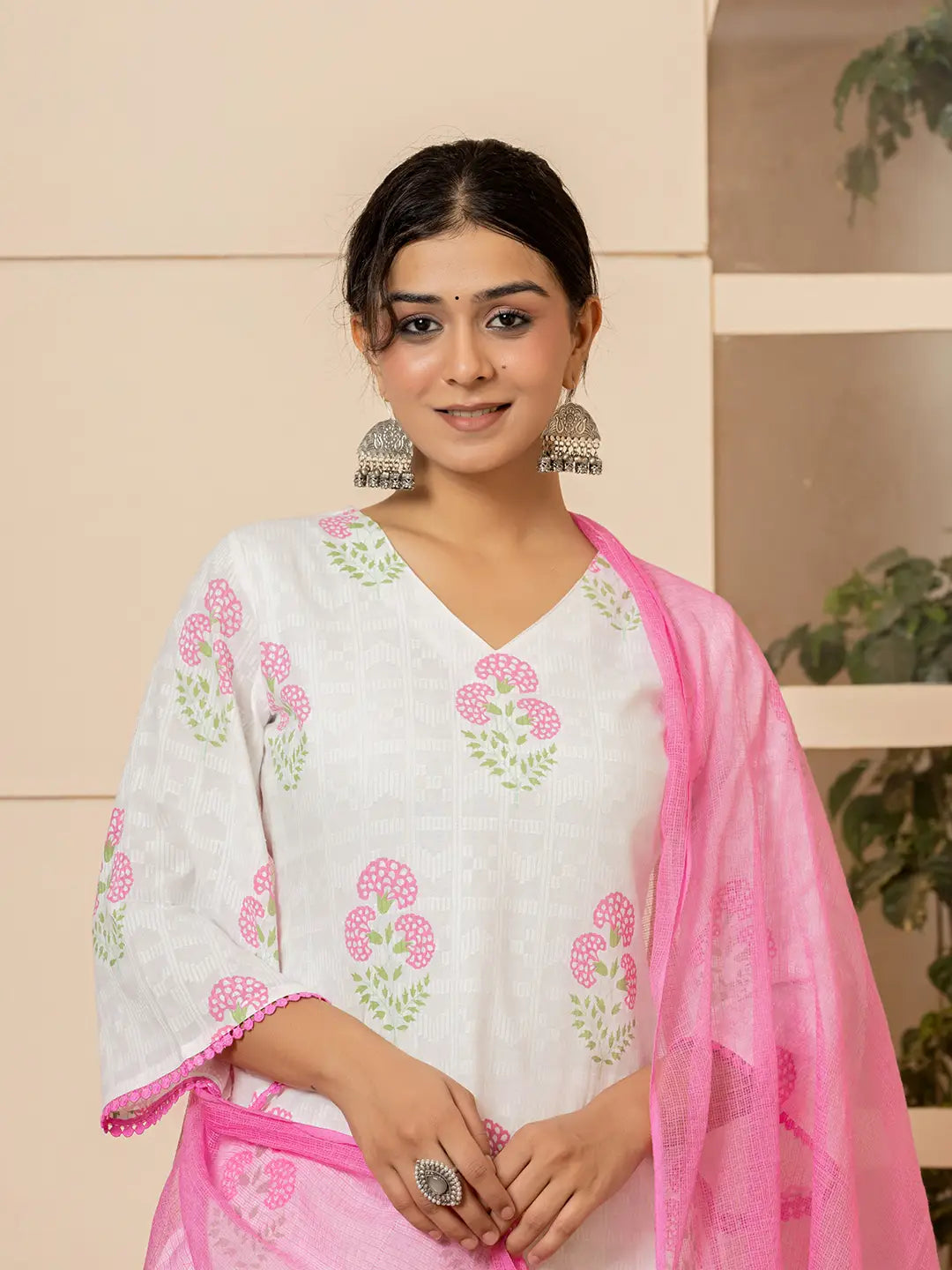 Yufta White And Pink Cotton Floral Print Kurta Dupatta Set - Distacart