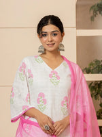 Thumbnail for Yufta White And Pink Cotton Floral Print Kurta Dupatta Set - Distacart