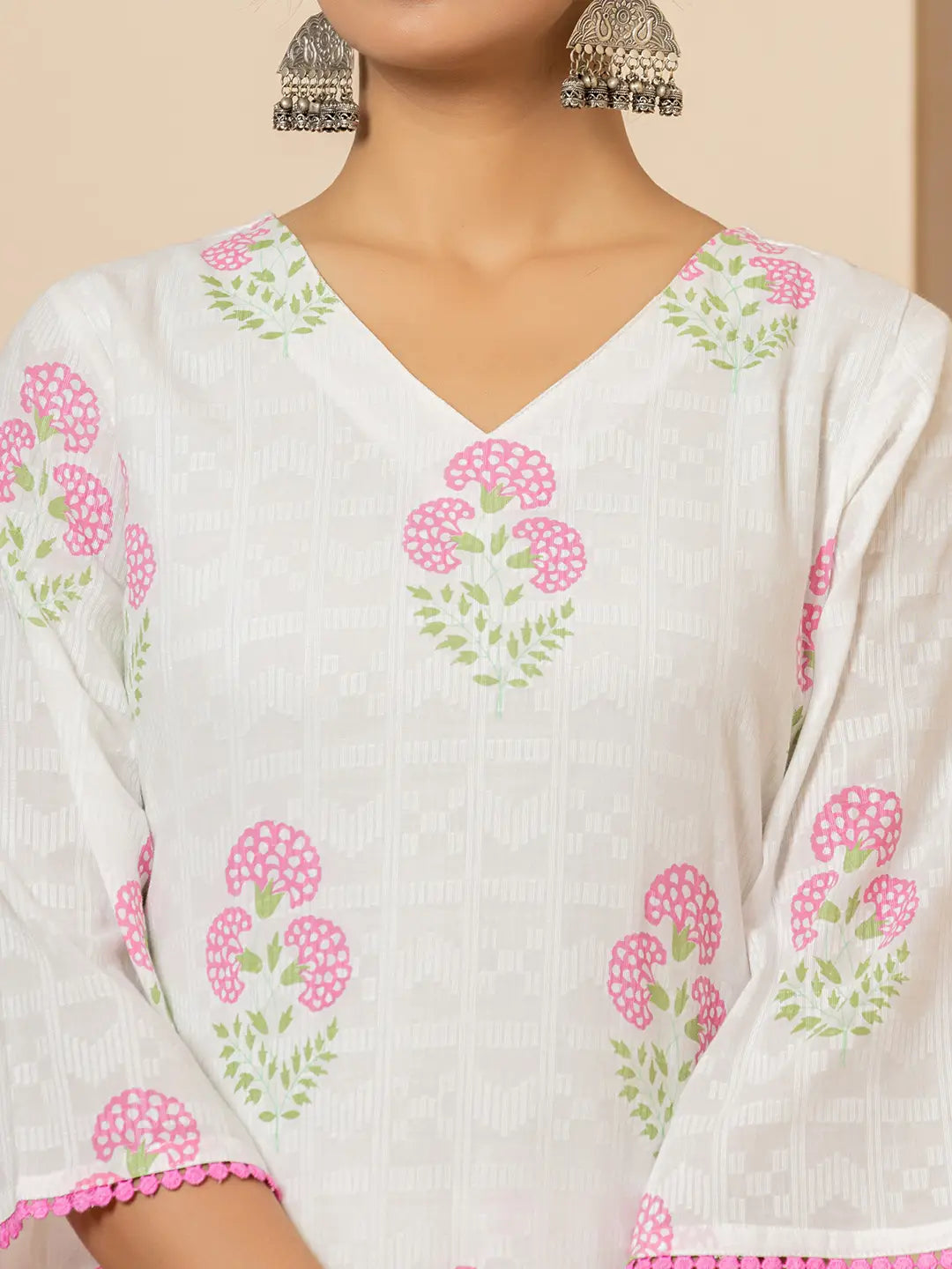 Yufta White And Pink Cotton Floral Print Kurta Dupatta Set - Distacart