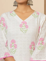 Thumbnail for Yufta White And Pink Cotton Floral Print Kurta Dupatta Set - Distacart