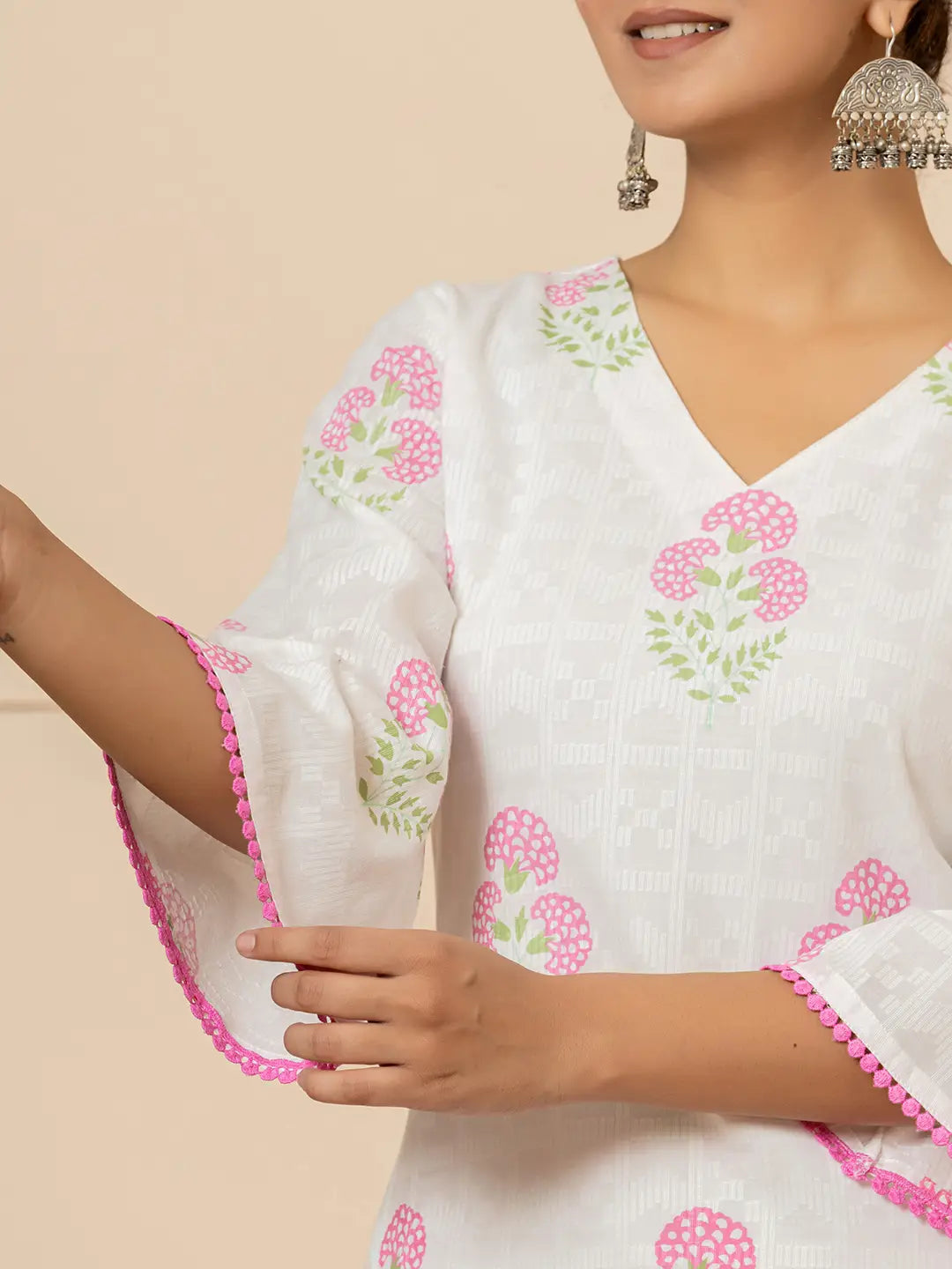 Yufta White And Pink Cotton Floral Print Kurta Dupatta Set - Distacart