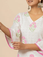 Thumbnail for Yufta White And Pink Cotton Floral Print Kurta Dupatta Set - Distacart