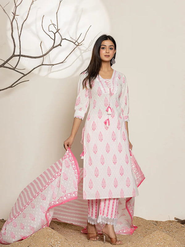 Yufta White And Pink Floral Print Cotton Straight Kurta Dupatta Set