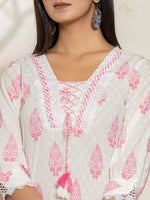 Thumbnail for Yufta White And Pink Floral Print Cotton Straight Kurta Dupatta Set