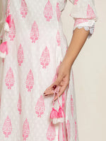 Thumbnail for Yufta White And Pink Floral Print Cotton Straight Kurta Dupatta Set