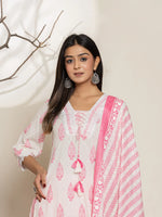 Thumbnail for Yufta White And Pink Floral Print Cotton Straight Kurta Dupatta Set