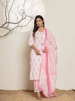 Thumbnail for Yufta White And Pink Floral Print Cotton Straight Kurta Dupatta Set