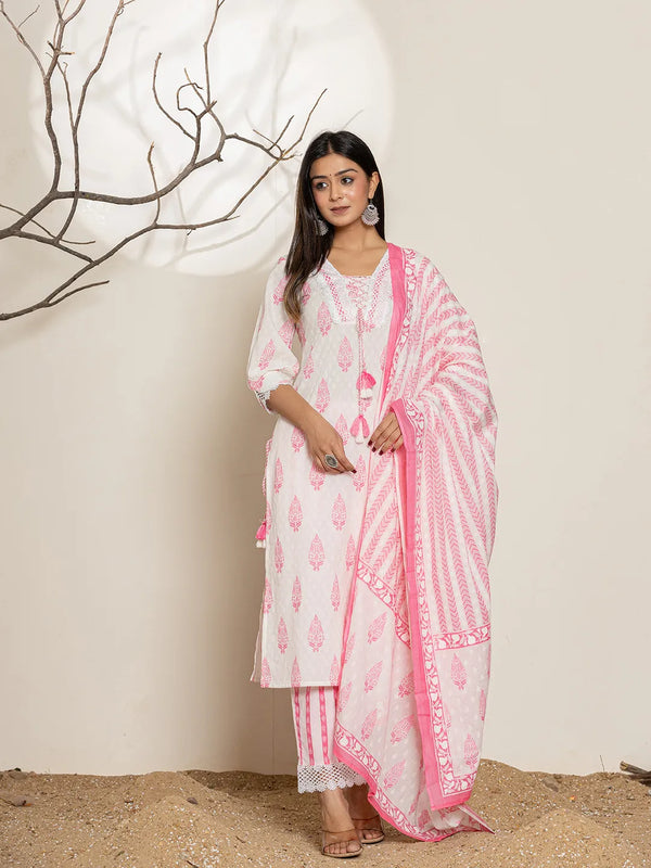 Yufta White And Pink Floral Print Cotton Straight Kurta Dupatta Set