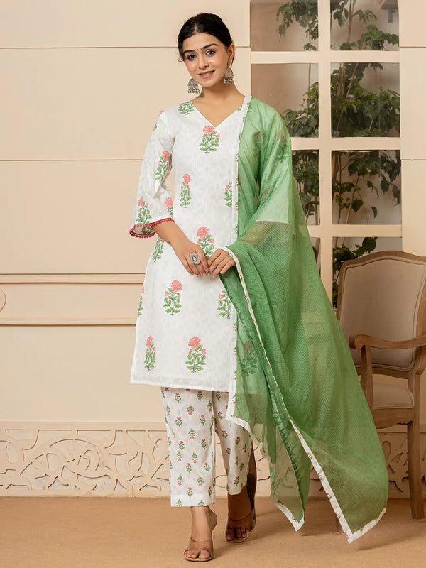 Yufta White And Red Cotton Floral Print Kurta Dupatta Set
