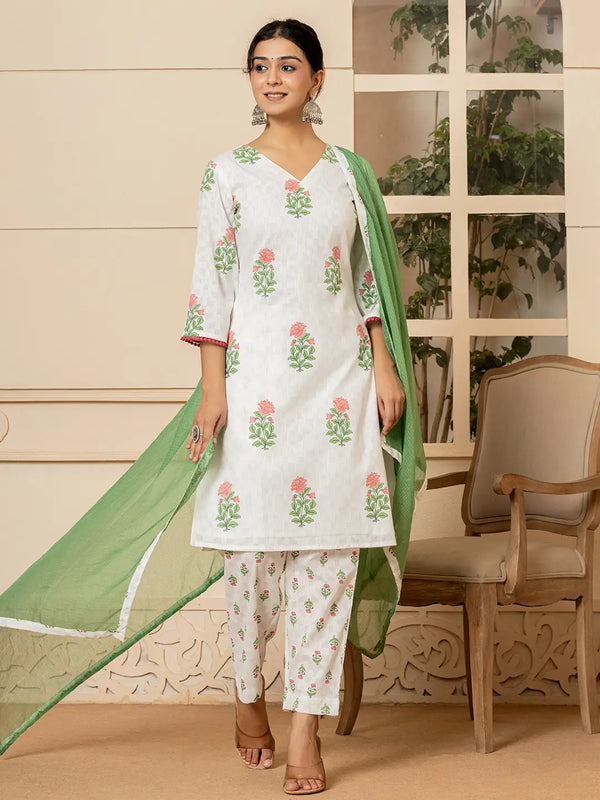 Yufta White And Red Cotton Floral Print Kurta Dupatta Set