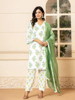 Thumbnail for Yufta White And Teal Blue Cotton Floral Print Kurta Dupatta Set