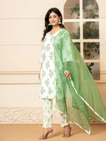 Thumbnail for Yufta White And Teal Blue Cotton Floral Print Kurta Dupatta Set