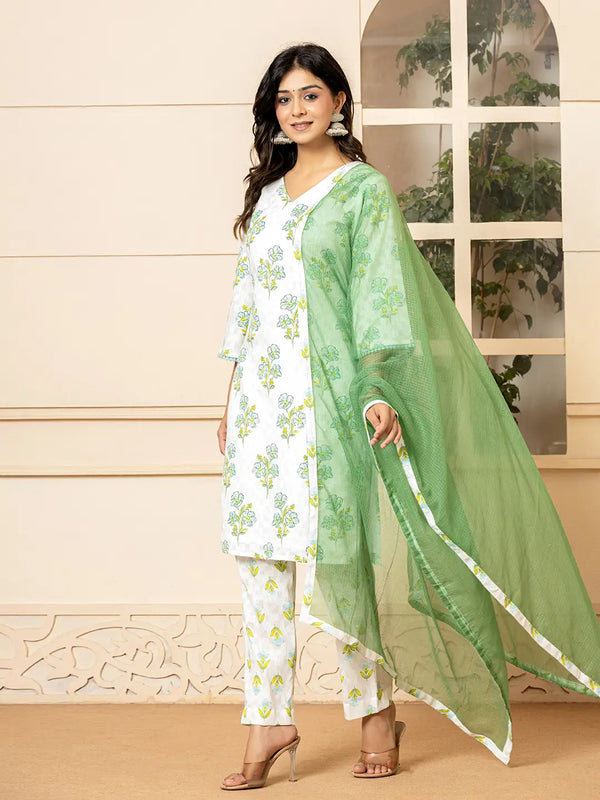 Yufta White And Teal Blue Cotton Floral Print Kurta Dupatta Set