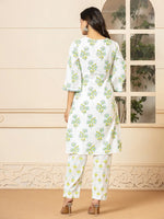 Thumbnail for Yufta White And Teal Blue Cotton Floral Print Kurta Dupatta Set