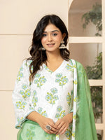 Thumbnail for Yufta White And Teal Blue Cotton Floral Print Kurta Dupatta Set