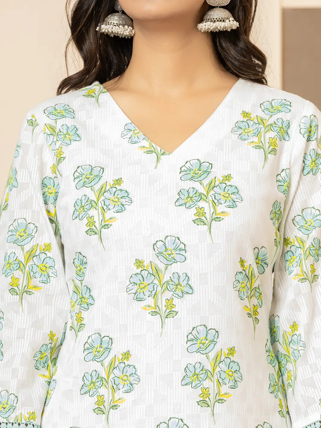 Yufta White And Teal Blue Cotton Floral Print Kurta Dupatta Set
