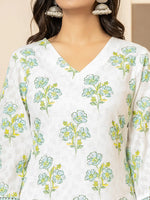 Thumbnail for Yufta White And Teal Blue Cotton Floral Print Kurta Dupatta Set