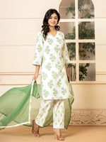 Thumbnail for Yufta White And Teal Blue Cotton Floral Print Kurta Dupatta Set