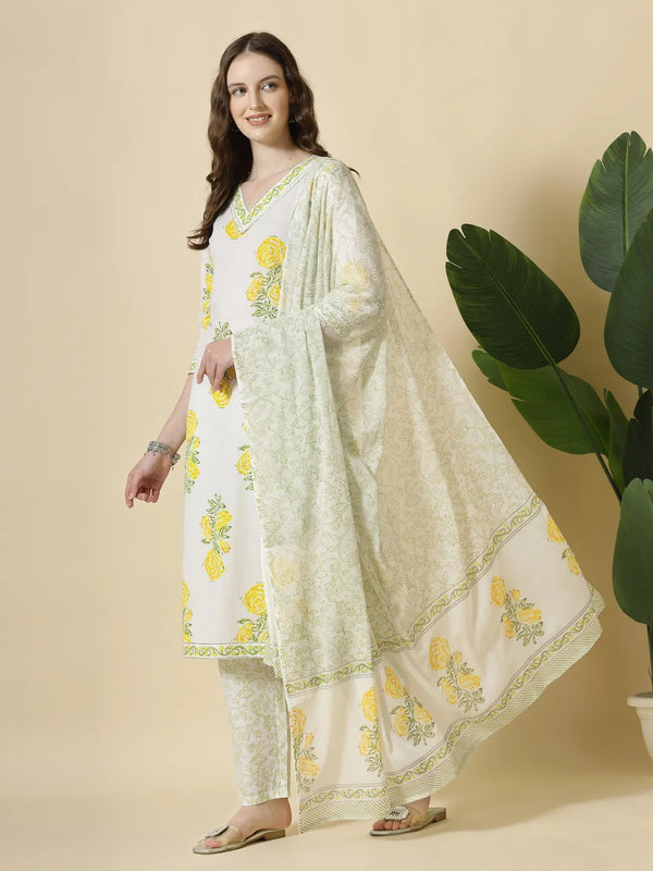 Yufta White And Yellow Cotton Sequins Work Kurta Set With Pant & Dupatta
