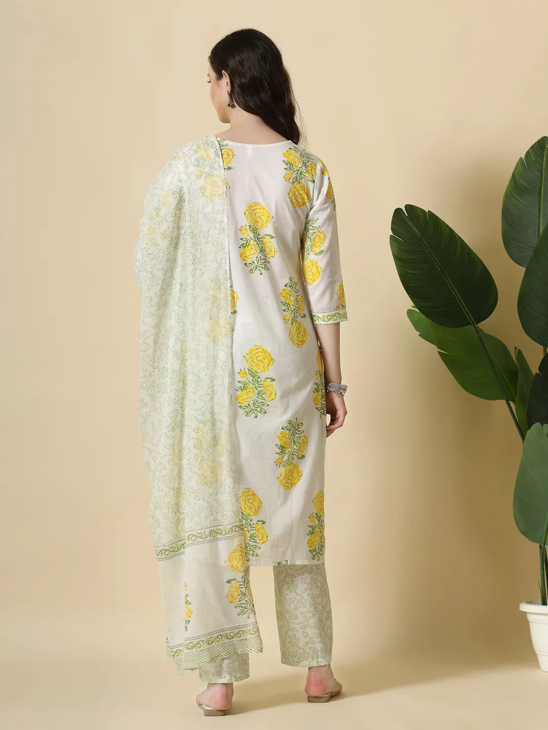 Yufta White And Yellow Cotton Sequins Work Kurta Set With Pant & Dupatta