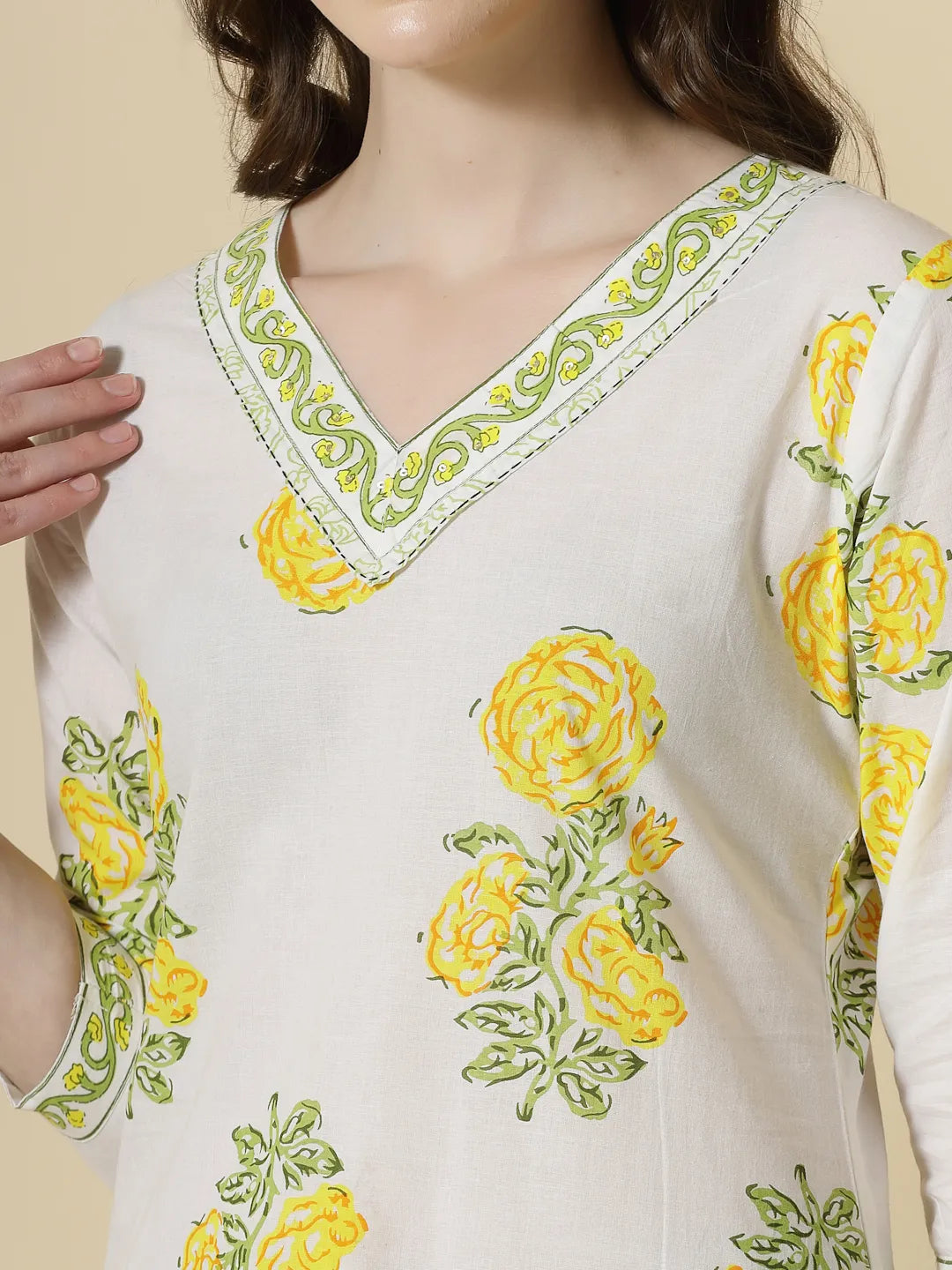 Yufta White And Yellow Cotton Sequins Work Kurta Set With Pant & Dupatta