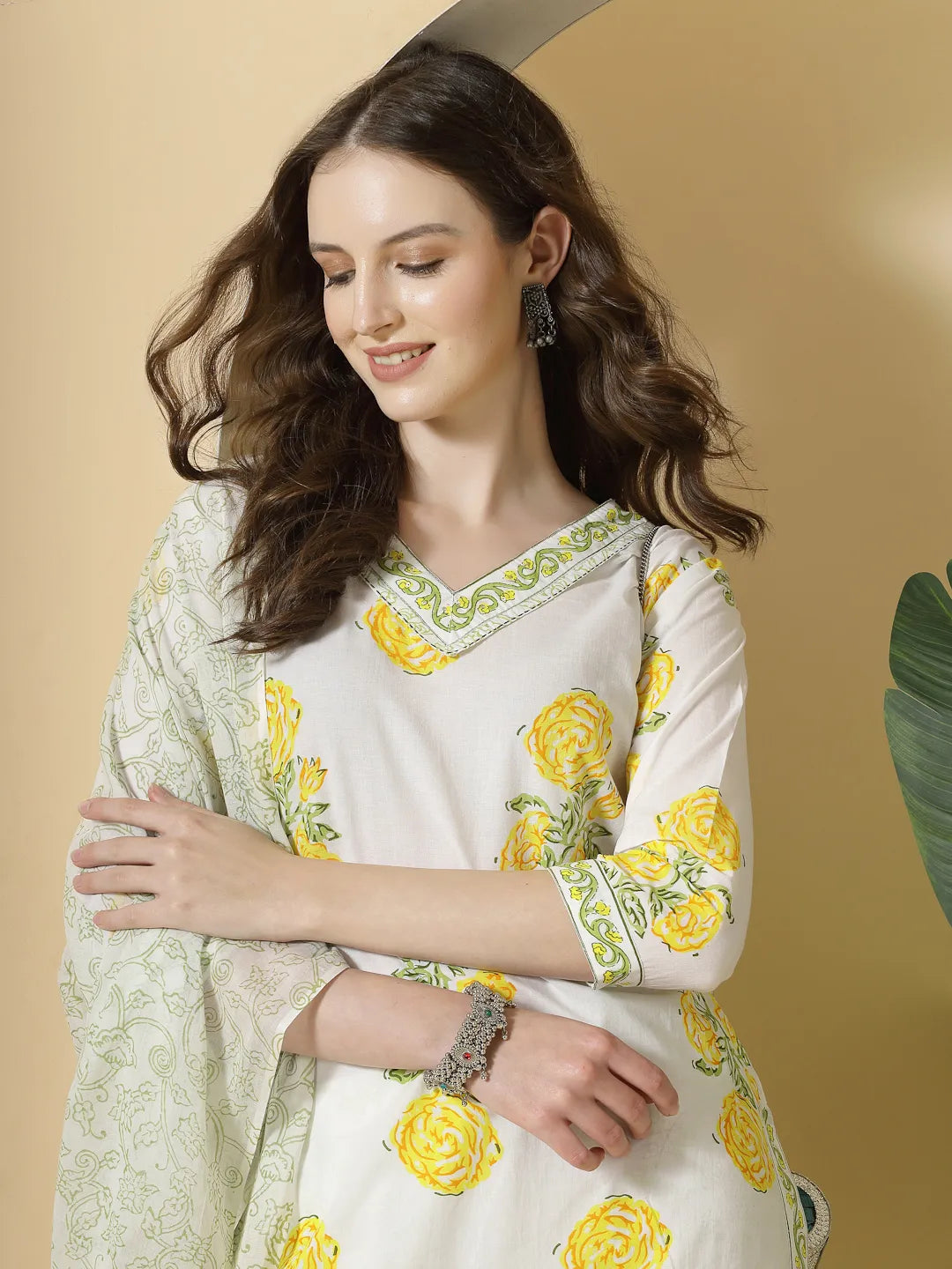 Yufta White And Yellow Cotton Sequins Work Kurta Set With Pant & Dupatta