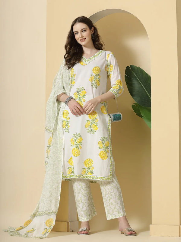 Yufta White And Yellow Cotton Sequins Work Kurta Set With Pant & Dupatta