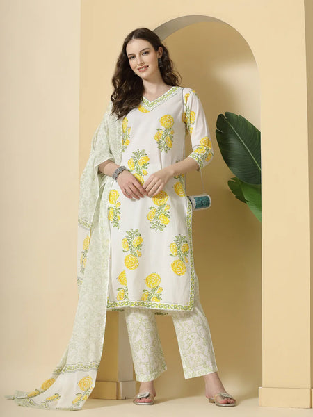 Yufta White And Yellow Cotton Sequins Work Kurta Set With Pant & Dupatta