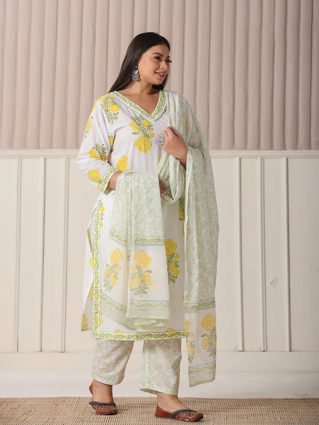 Yufta White And Yellow Cotton Sequins Work Plus Size Kurta Set With Pant & Dupatta - Distacart