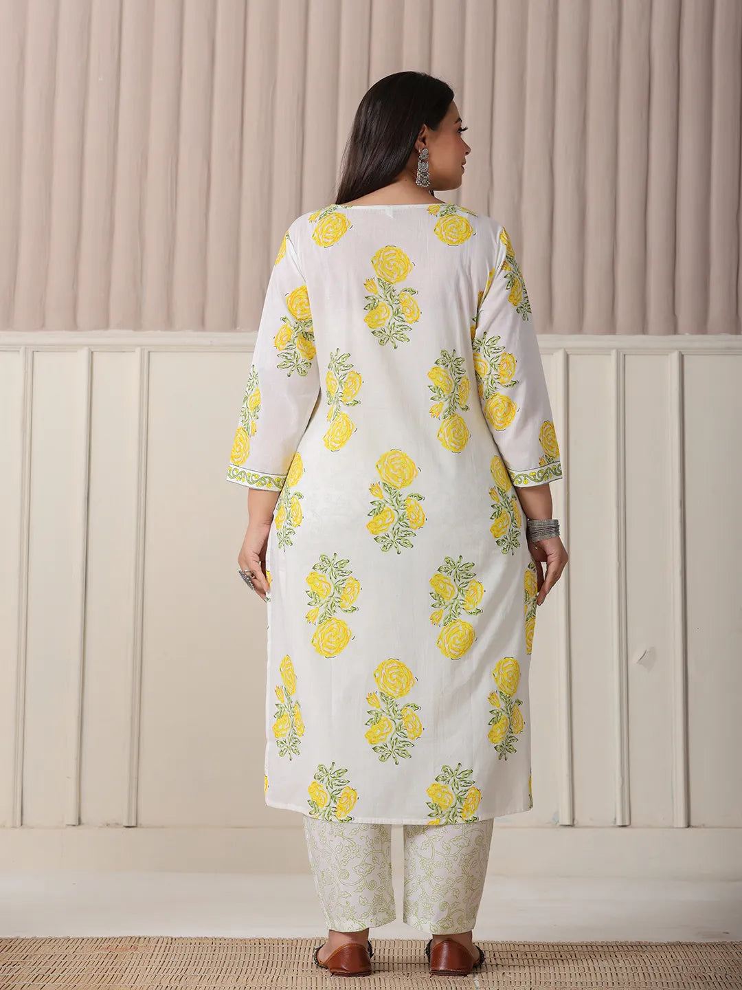 Yufta White And Yellow Cotton Sequins Work Plus Size Kurta Set With Pant & Dupatta