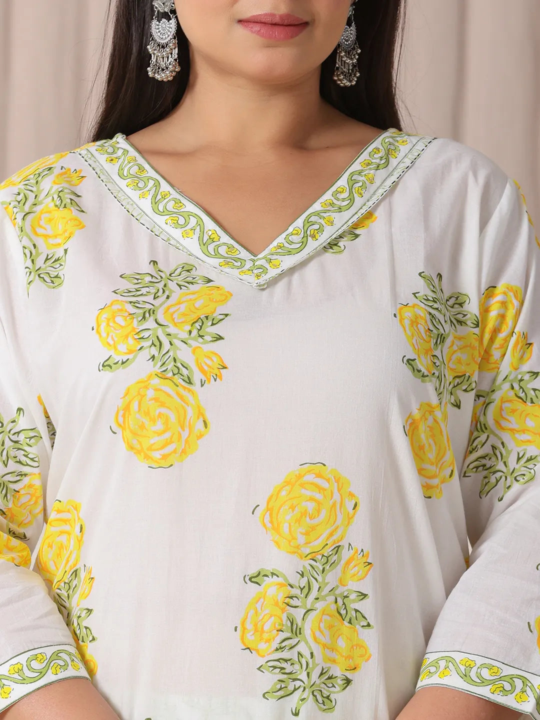 Yufta White And Yellow Cotton Sequins Work Plus Size Kurta Set With Pant & Dupatta
