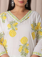 Thumbnail for Yufta White And Yellow Cotton Sequins Work Plus Size Kurta Set With Pant & Dupatta