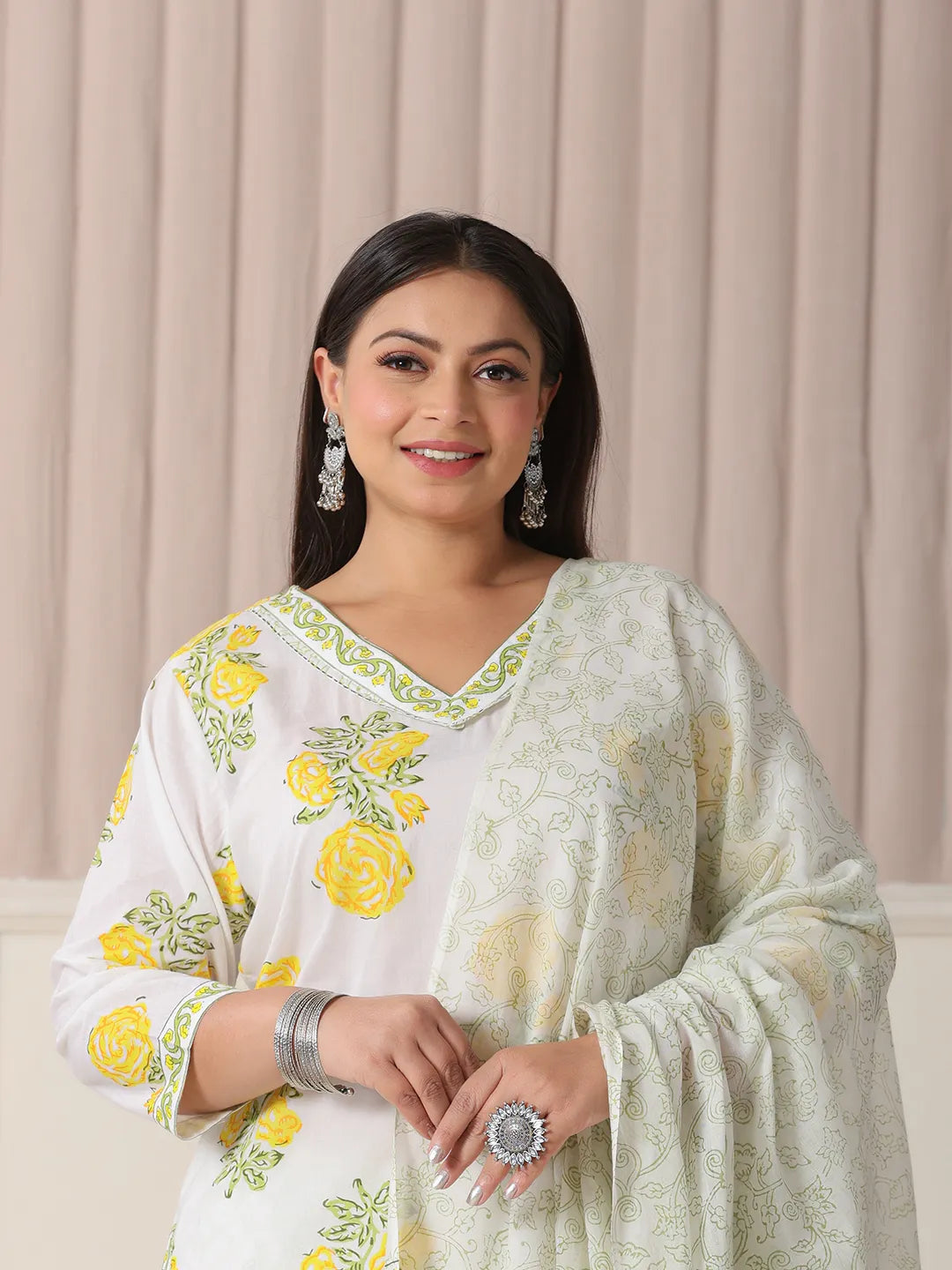 Yufta White And Yellow Cotton Sequins Work Plus Size Kurta Set With Pant & Dupatta