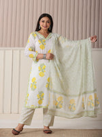 Thumbnail for Yufta White And Yellow Cotton Sequins Work Plus Size Kurta Set With Pant & Dupatta