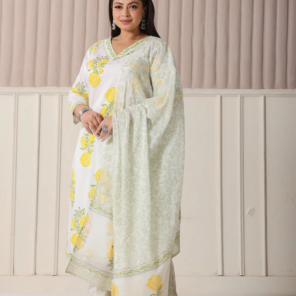 Yufta White And Yellow Cotton Sequins Work Plus Size Kurta Set With Pant & Dupatta - Distacart