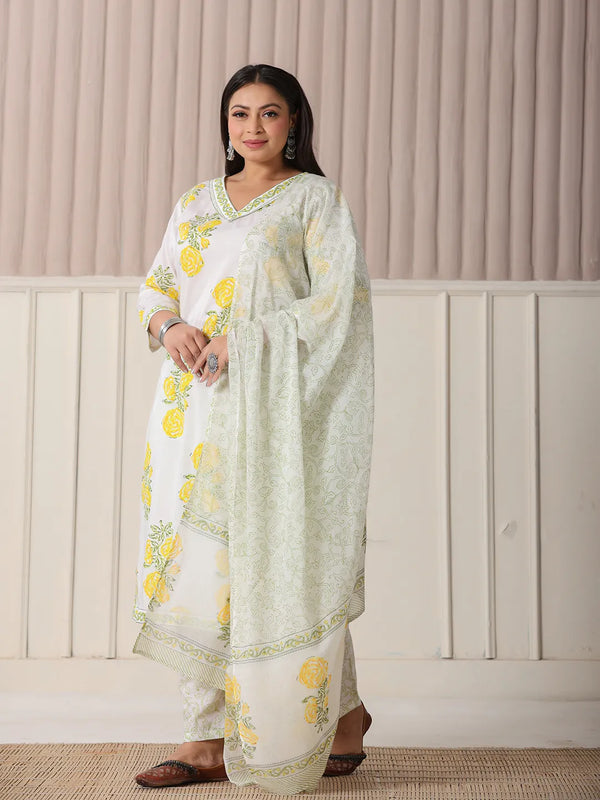 Yufta White And Yellow Cotton Sequins Work Plus Size Kurta Set With Pant & Dupatta