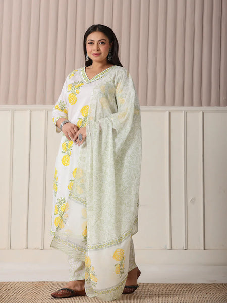 Yufta White And Yellow Cotton Sequins Work Plus Size Kurta Set With Pant & Dupatta