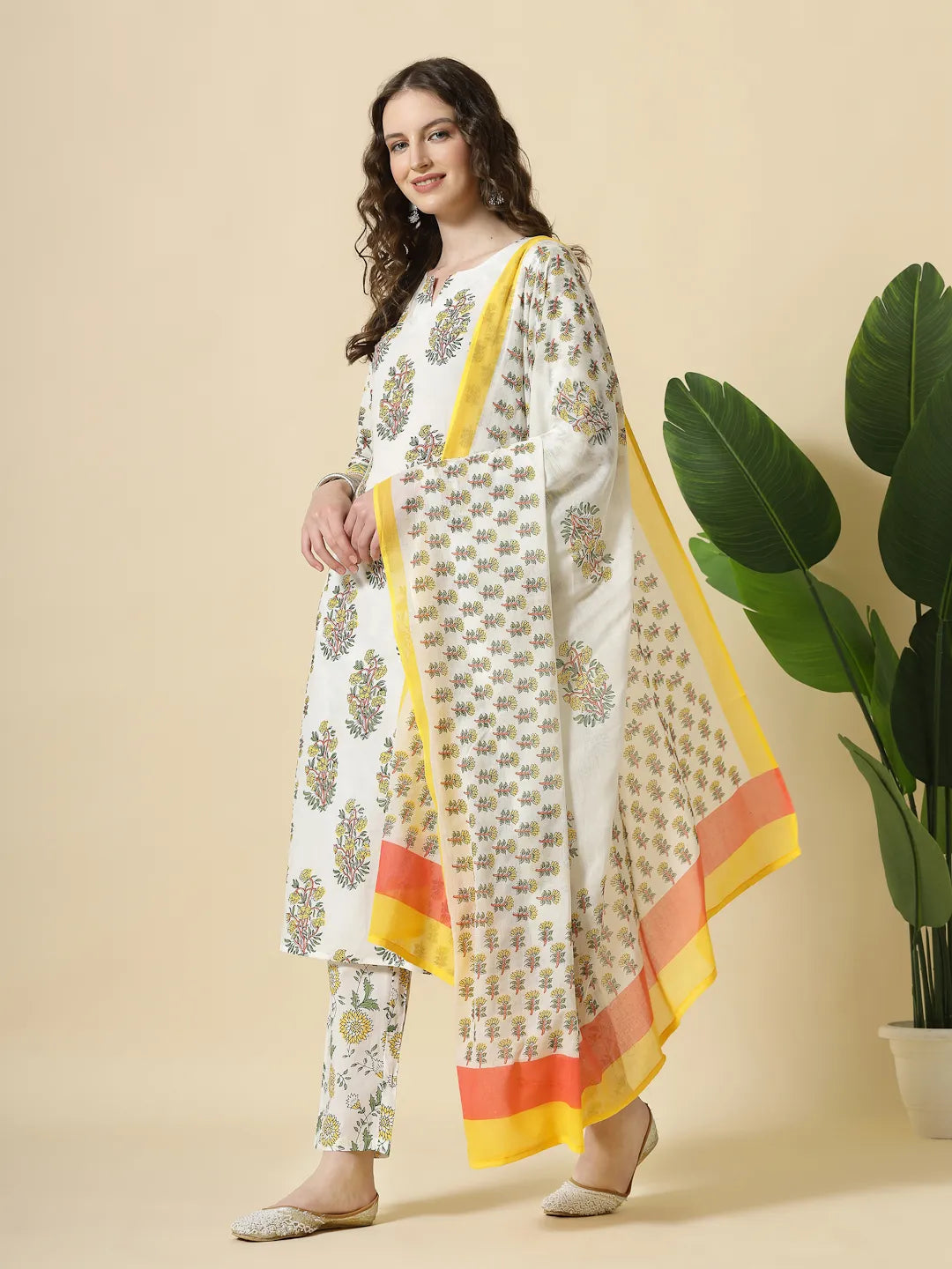 Yufta White And Yellow Floral Print Cotton Sequins Work Kurta Set With Pant & Dupatta - Distacart
