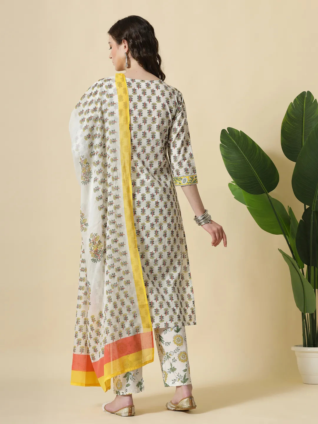 Yufta White And Yellow Floral Print Cotton Sequins Work Kurta Set With Pant & Dupatta