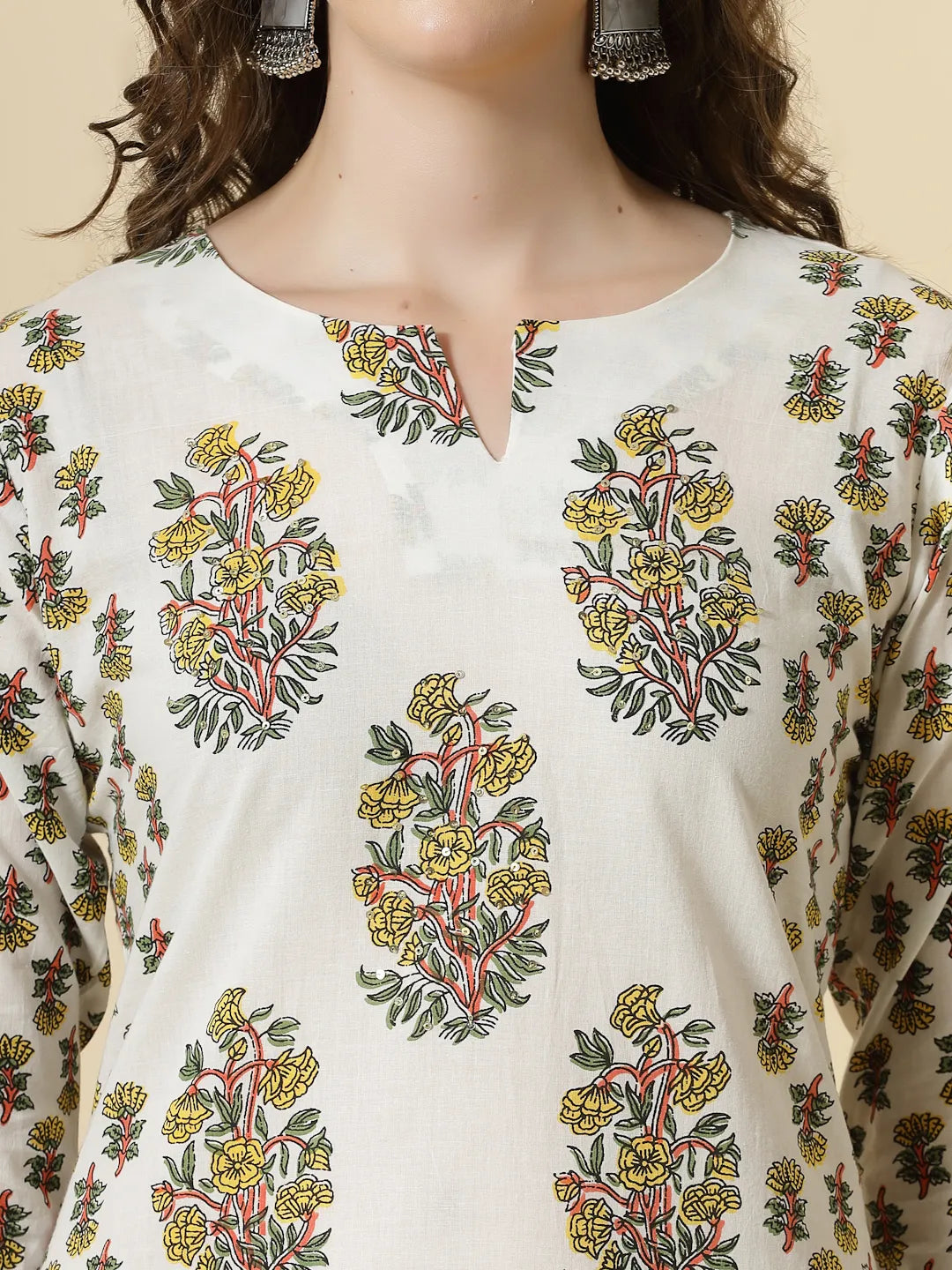 Yufta White And Yellow Floral Print Cotton Sequins Work Kurta Set With Pant & Dupatta