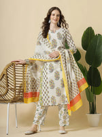 Thumbnail for Yufta White And Yellow Floral Print Cotton Sequins Work Kurta Set With Pant & Dupatta