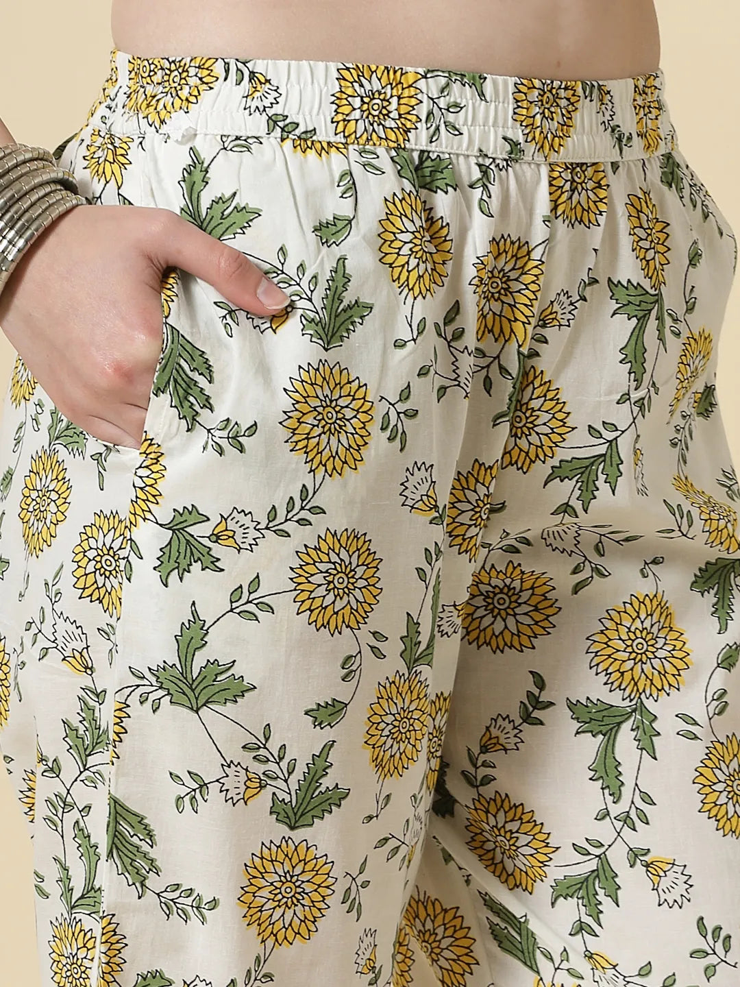 Yufta White And Yellow Floral Print Cotton Sequins Work Kurta Set With Pant & Dupatta